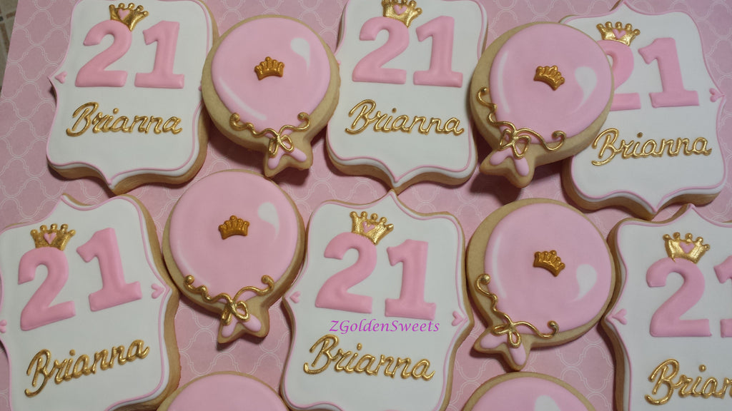 24 Happy 21st Birthday Personalized Princess Crown Decorated Cookies