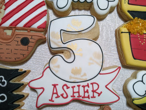 Pirates Adventure Personalized Kids Birthday 24 decorated cookies.