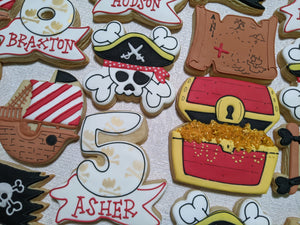 Pirates Adventure Personalized Kids Birthday 24 decorated cookies.