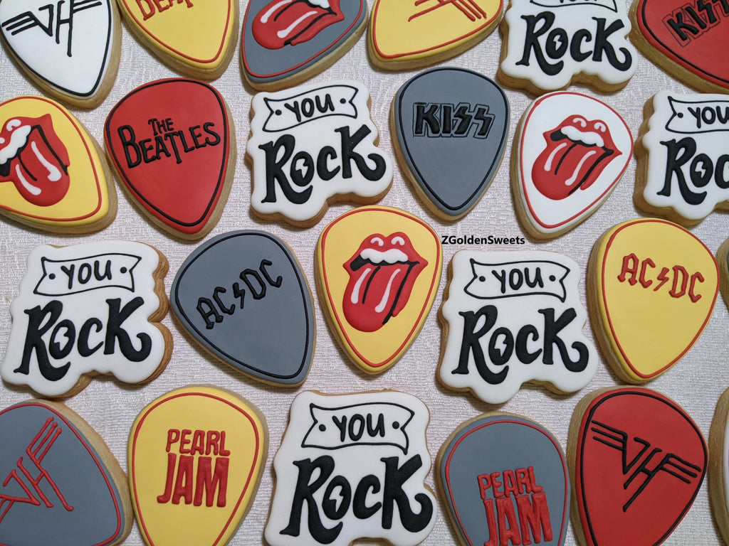 You Rock Message with Large Guitar Picks Rock Band Names Personalization 24 Decorated Cookies