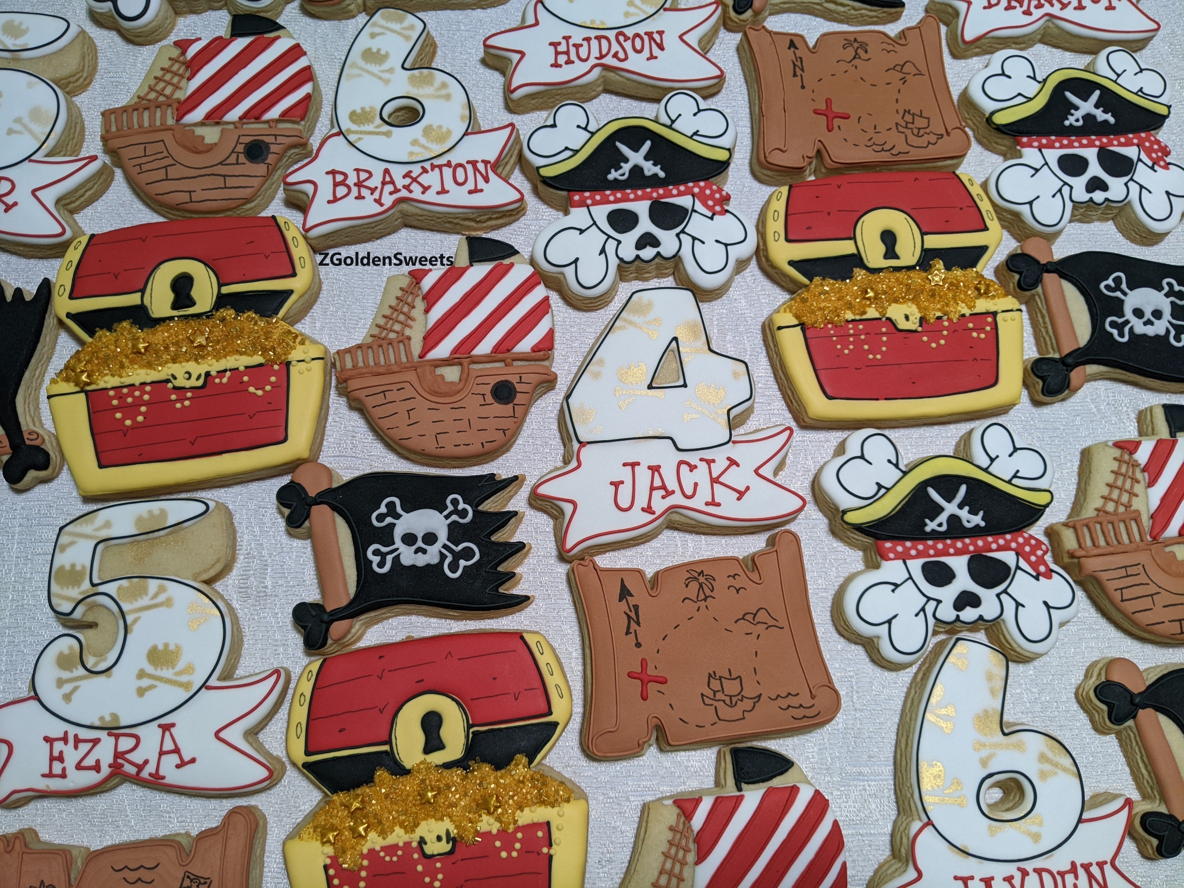 Pirates Adventure Personalized Kids Birthday 24 decorated cookies.