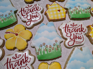 Thank you Message and floral Houses Welcome New Home 24 decorated cookies