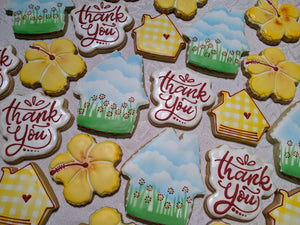 Thank you Message and floral Houses Welcome New Home 24 decorated cookies