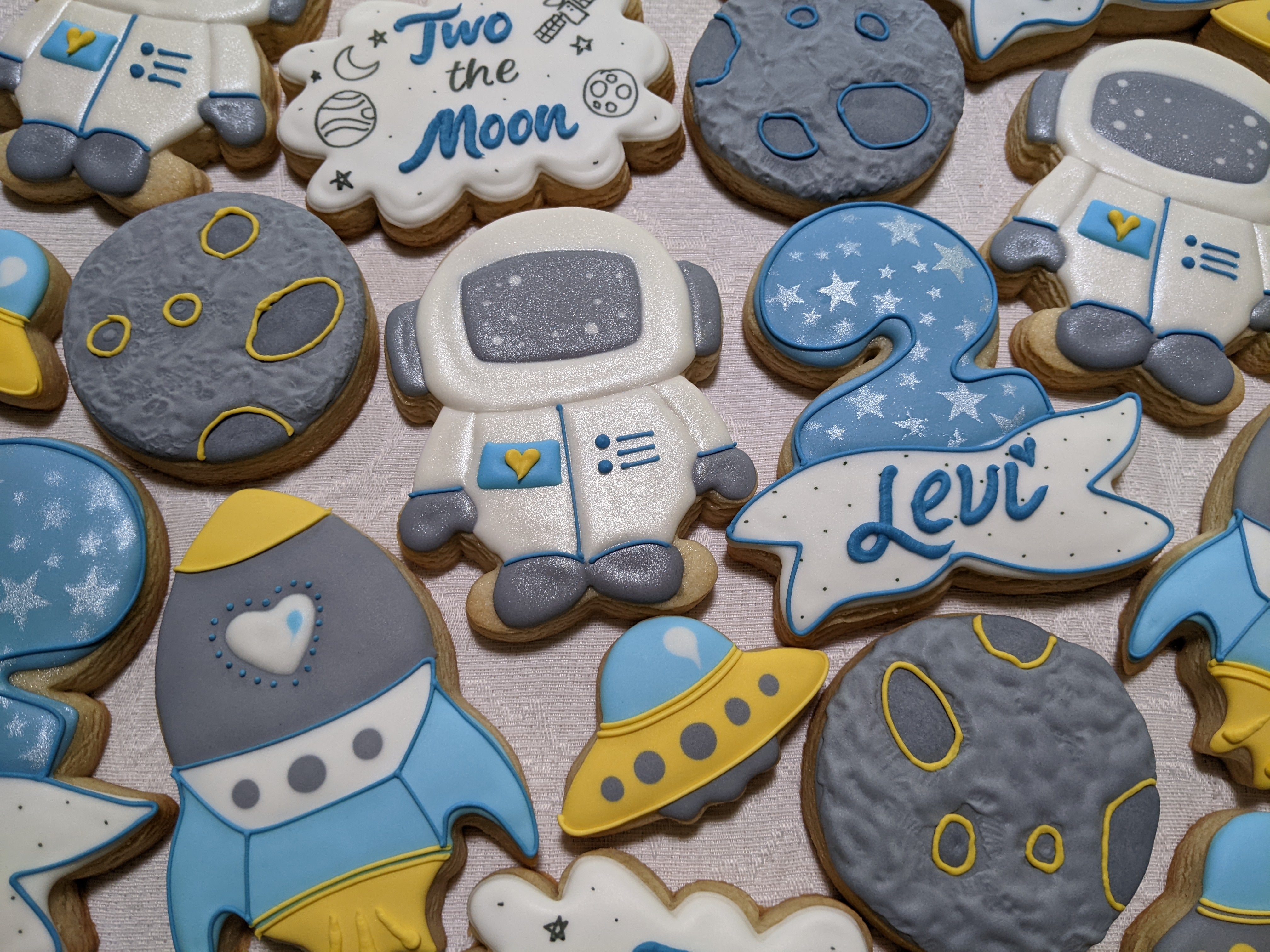 24 Two the Moon Second Birthday Boy Decorated Cookies, Personalized Outer Space, Astronaut 2 the moon Voyage, Rocket ship Kids Party Favors